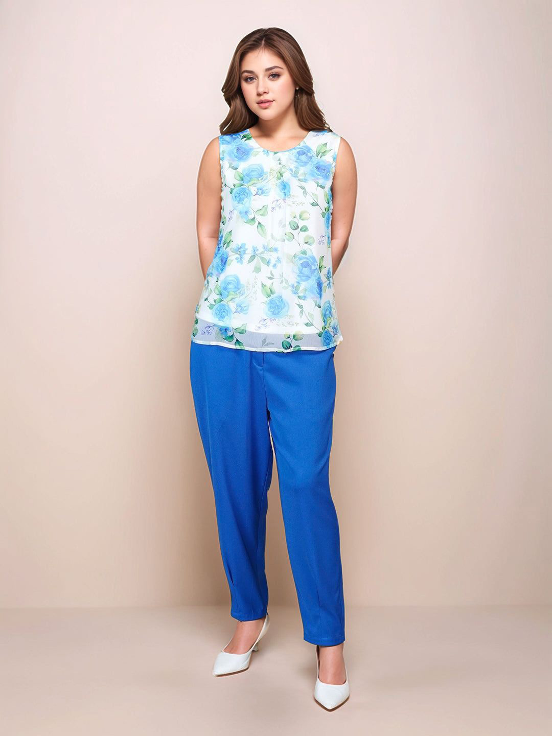 Zink London Women White Floral Round Neck Sleeveless Blouses & Tops