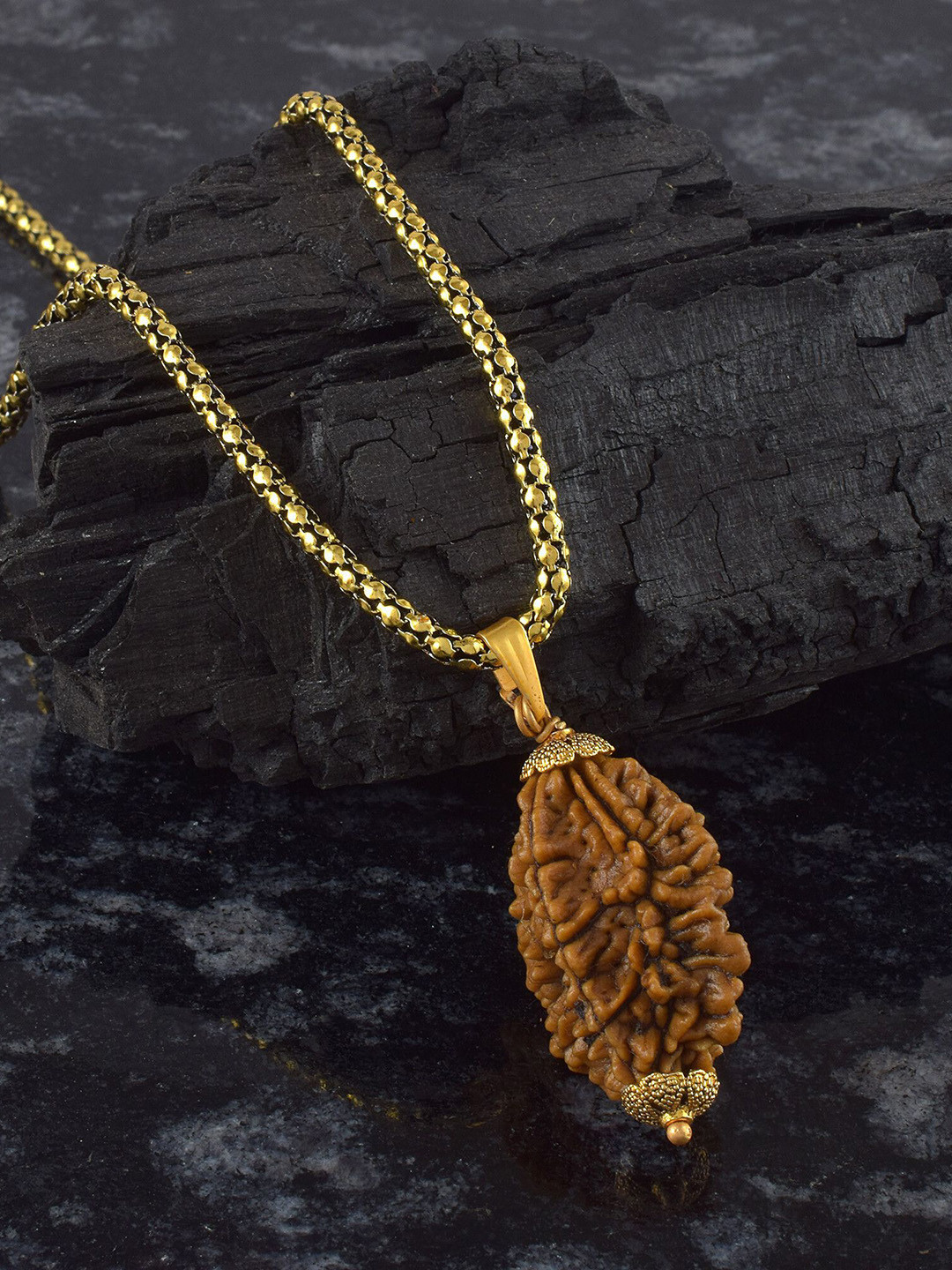 ADMIER Unisex Gold-Plated 2 Mukhi Rudraksha Beaded Pendant with Chain