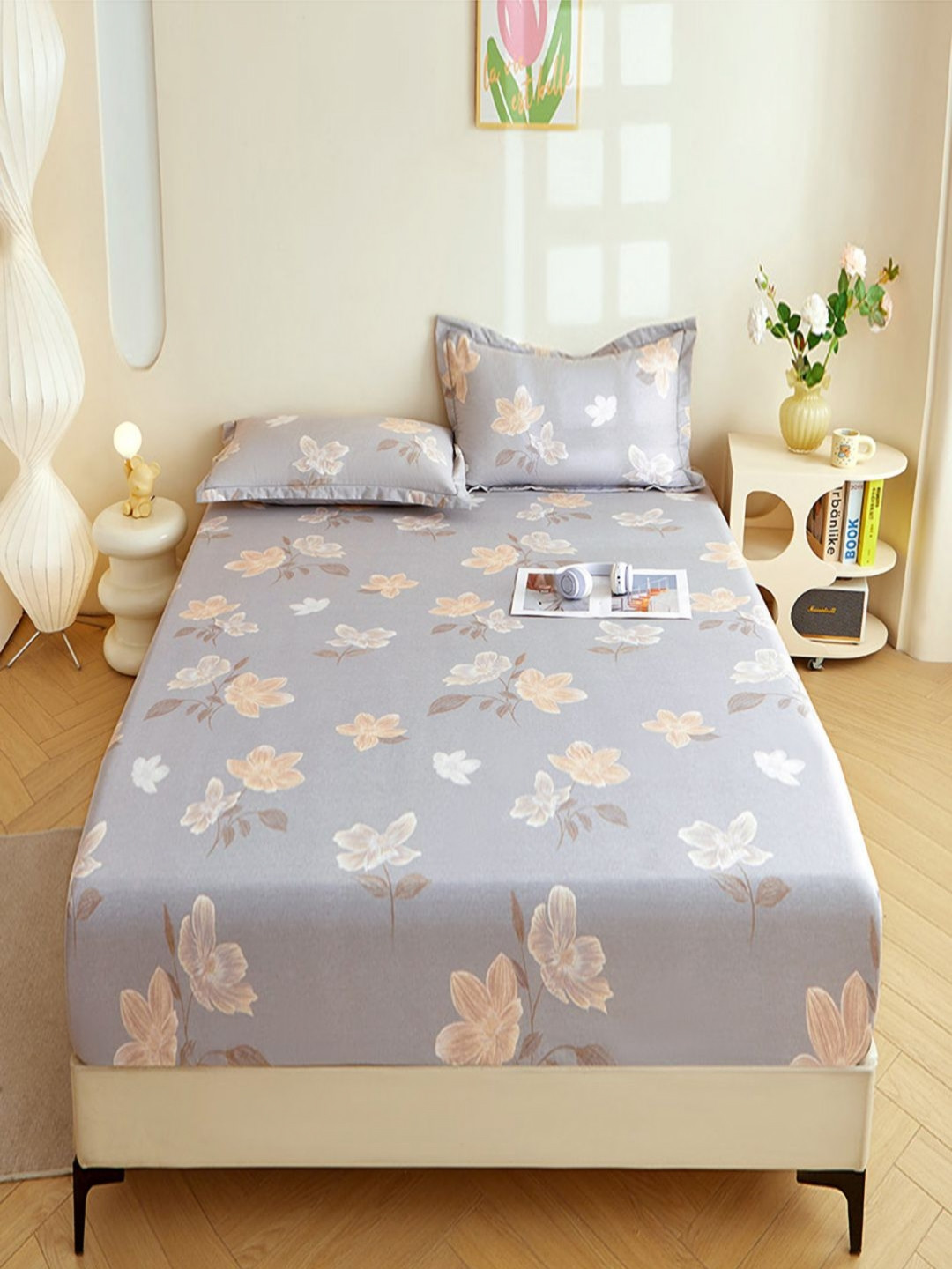 JC HOME Grey Floral Cotton 240 TC Fitted Queen Fine Bedsheet with 2 Pillow Covers-200 x 150 cm