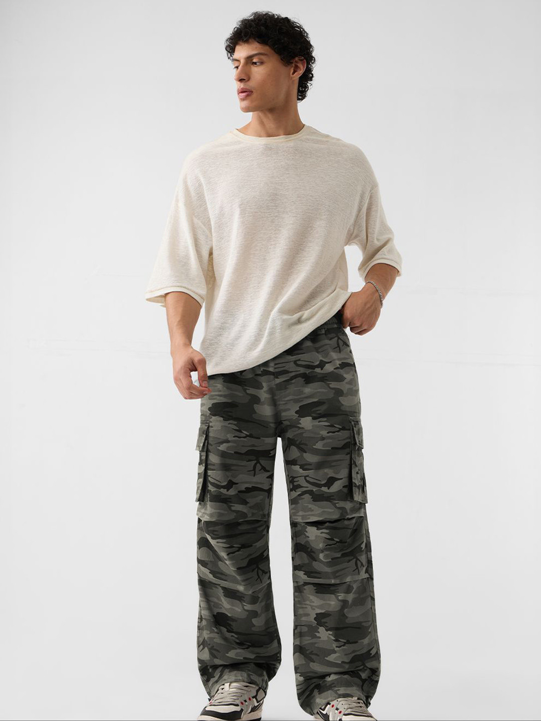 The Souled Store Men Green Camo Parachute Baggy Pants