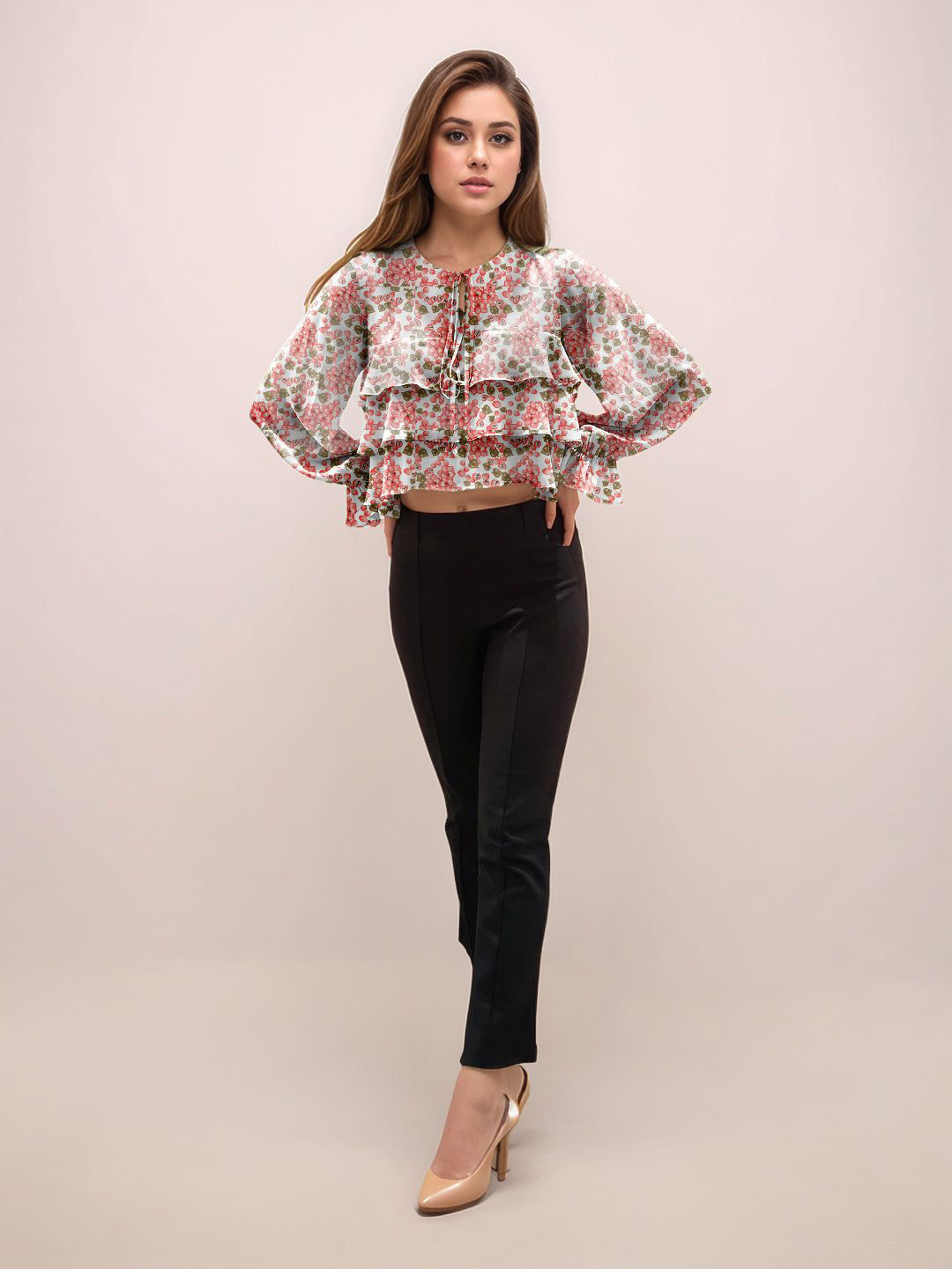 Zink London Women White Floral Tie-Up Neck Long Sleeves Layered Top
