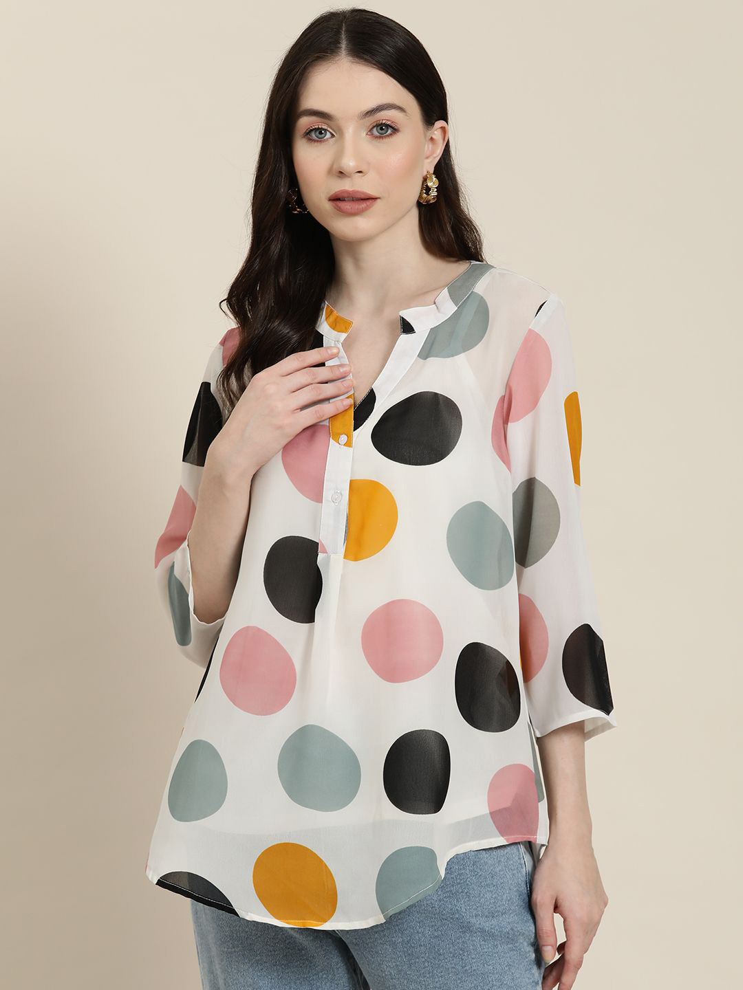 Qurvii Women Comfort Polka Dot Printed Mandarin Collar Comfort Georgette Casual Shirt