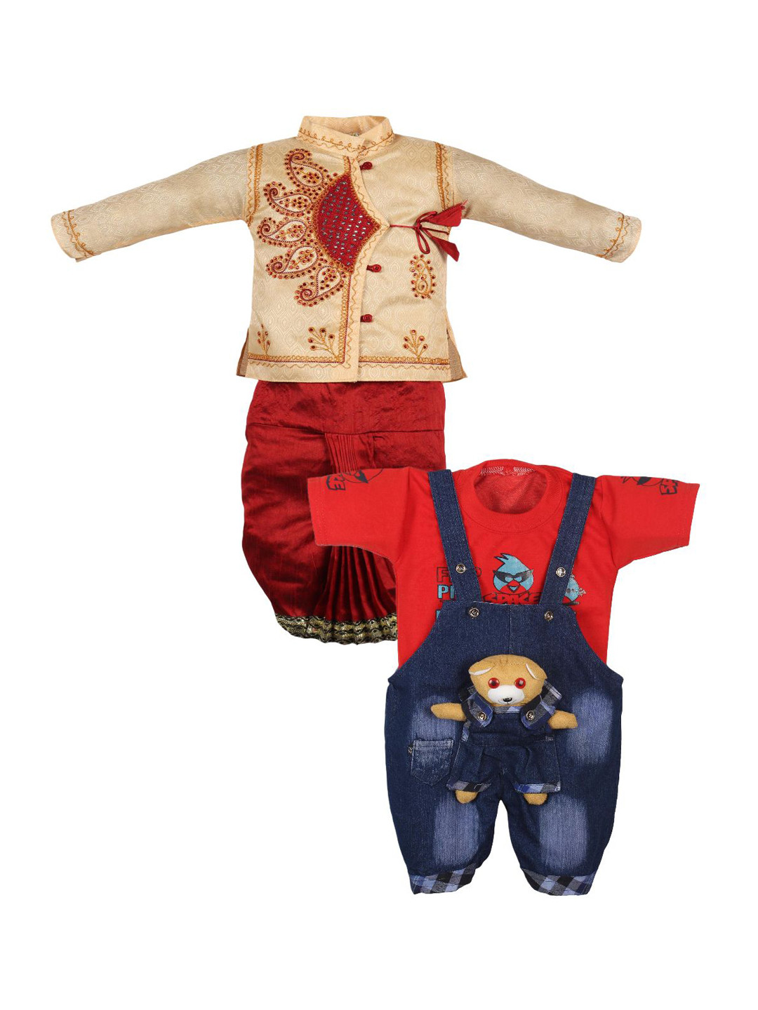 Amacart Unisex Kids Floral Embroidered Regular Kurta with Dhoti Pant And Dungaree Set