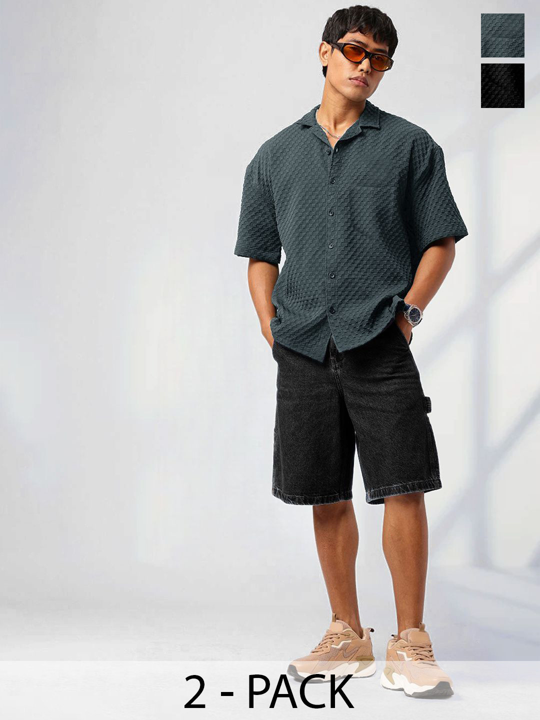 Tee Projekt Men Pack of 2 Standard Fit Textured Spread Collar Casual Shirts