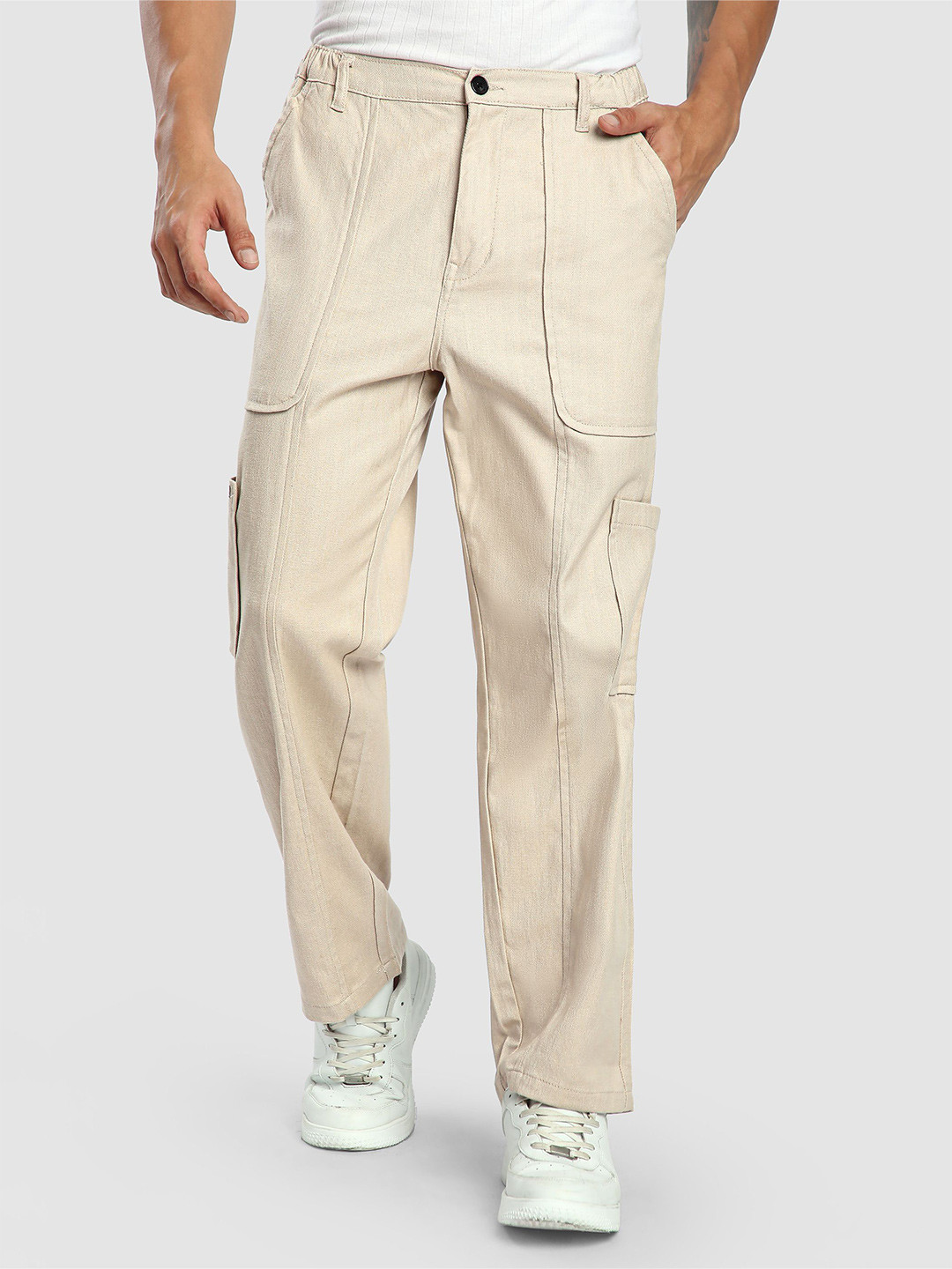 Beyoung Men Beige Side Elasticated Original Baggy Wrinkle Free Pleated Cargos Trousers