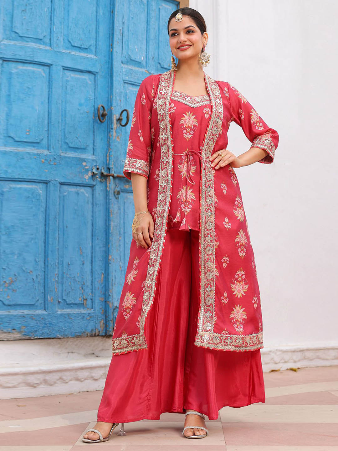 SCAKHI Women Coral Chanderi Silk Floral Printed Shrug Set