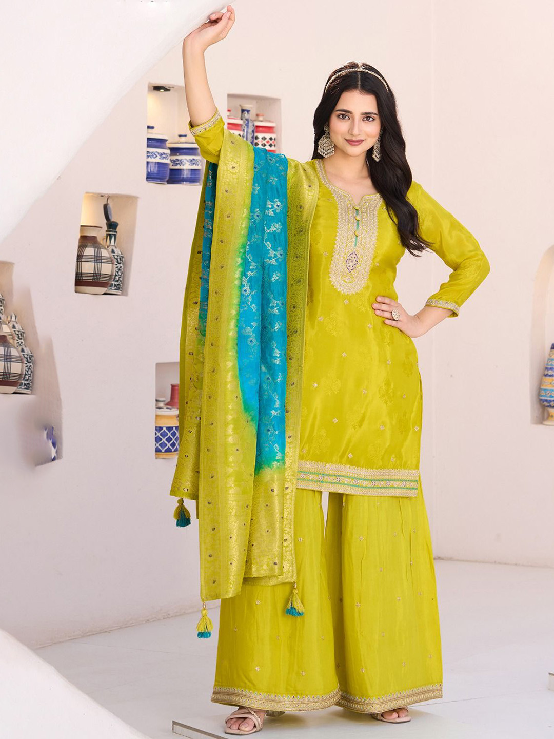 SHILL INTERNATIONAL Women Solid Embroidered Kurti with Palazzo & Dupatta