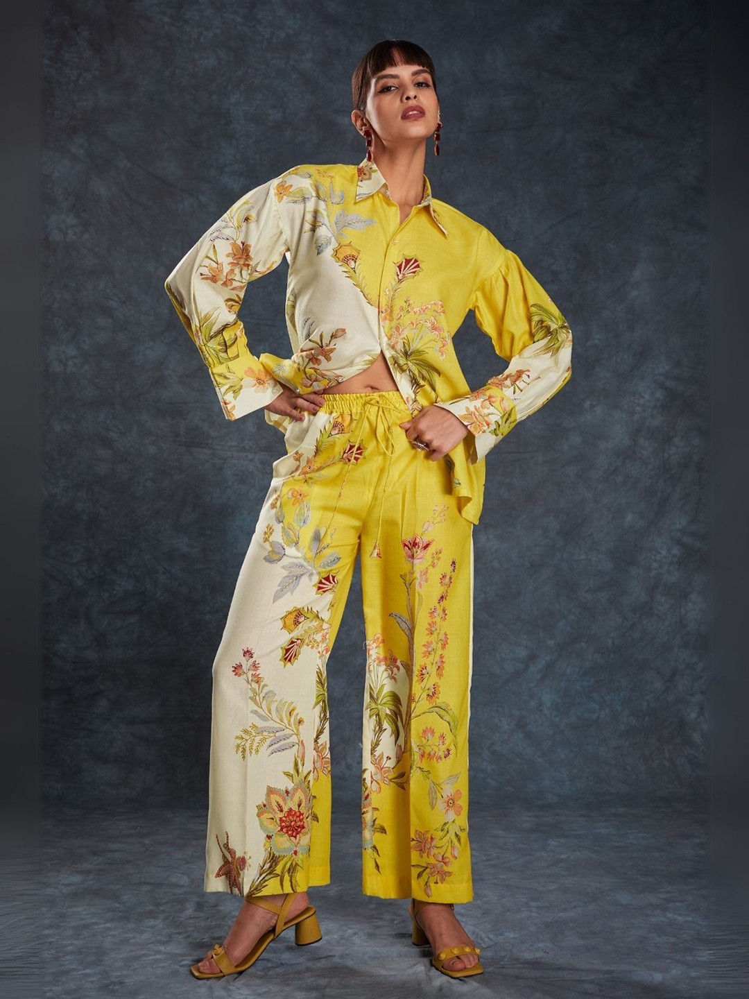 ODETTE Yellow Linen Printed Stitched Co-Ord Set