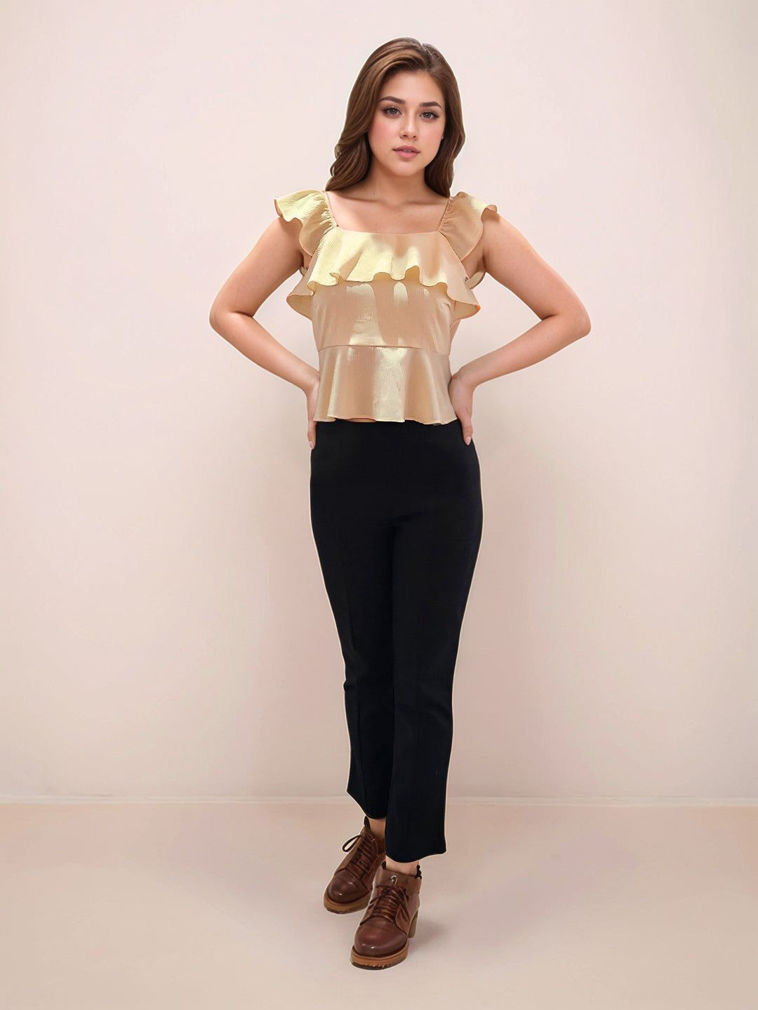 Zink London Women Beige Textured Square Neck Shoulder Straps V-Blouses & Tops