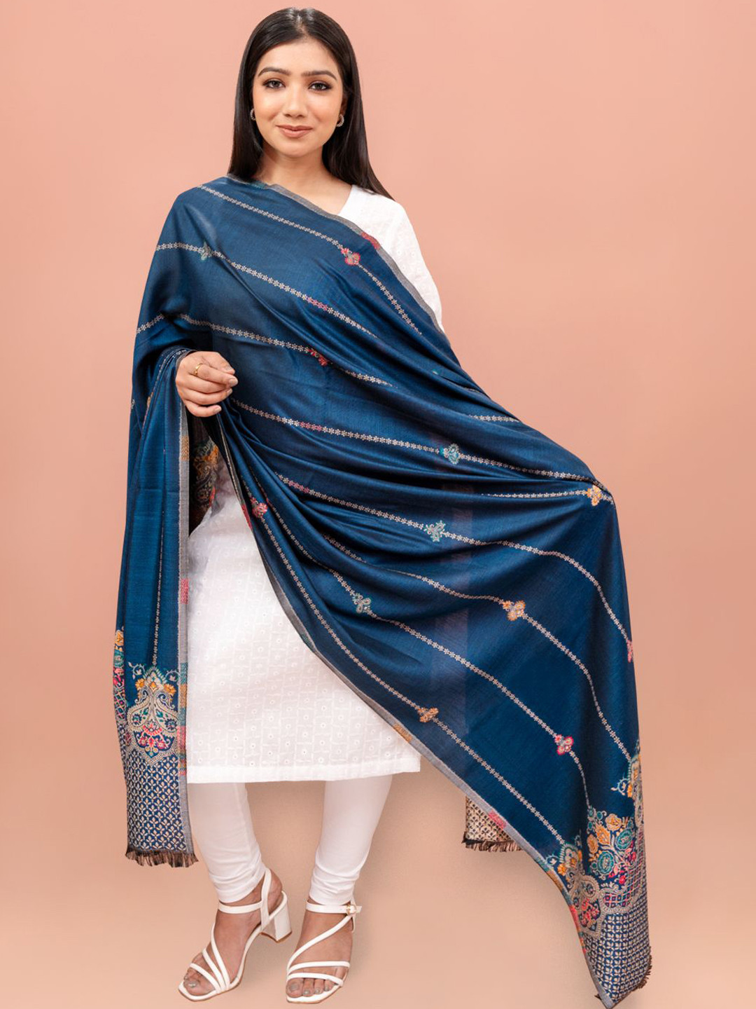 Kala Maison Printed Kaani Stripe Woven Design Pure Wool Shawl