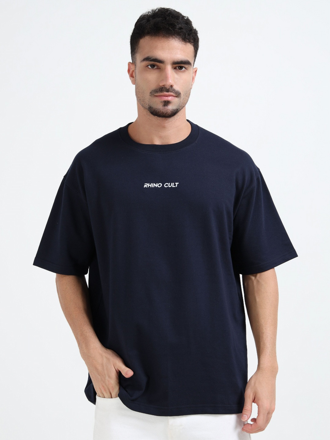 RHINO CULT Round Neck Drop-Shoulder Sleeves Oversized Cotton T-shirt