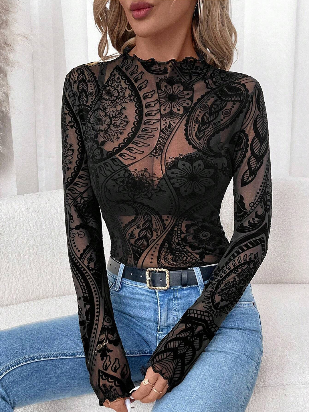 bebe Black Sheer Mesh Mock Neck Paisley Print Long Sleeve Top