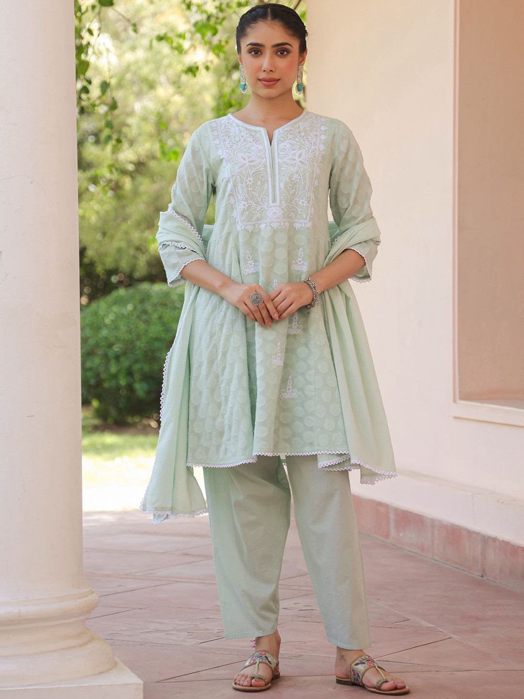 SCAKHI Women Pistagreen Jacquard Cotton Chikankari Anarkali Set