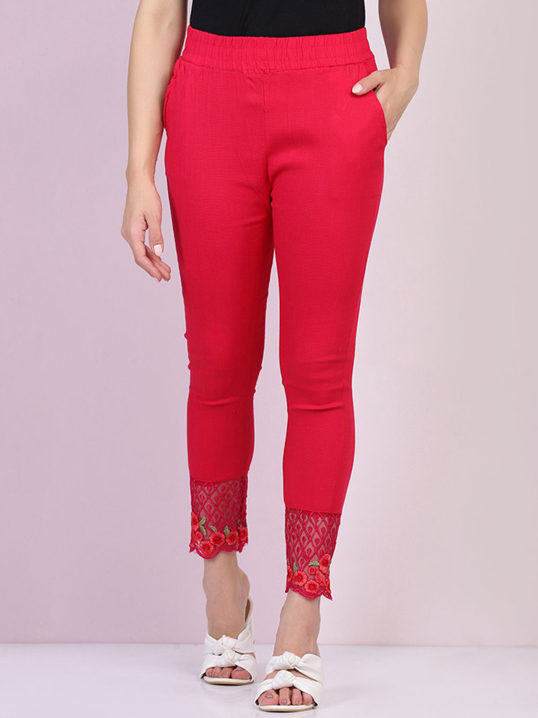 QIOA Women Cotton Stretch With Lace Detail Trousers