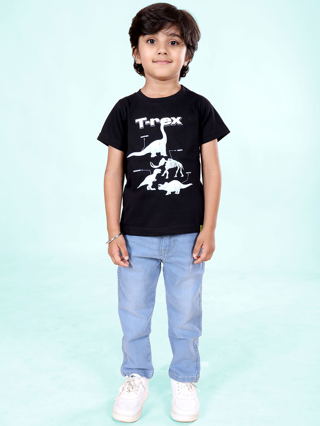 KiddoPanti Boys Graphic Roar Dinosaur Printed Round Neck T-Shirt & Jeans Clothing Set