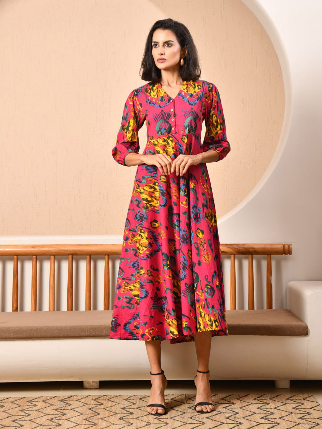 Sangria Women Abstract Printed Cotton Fit & Flared Midi Button Dress