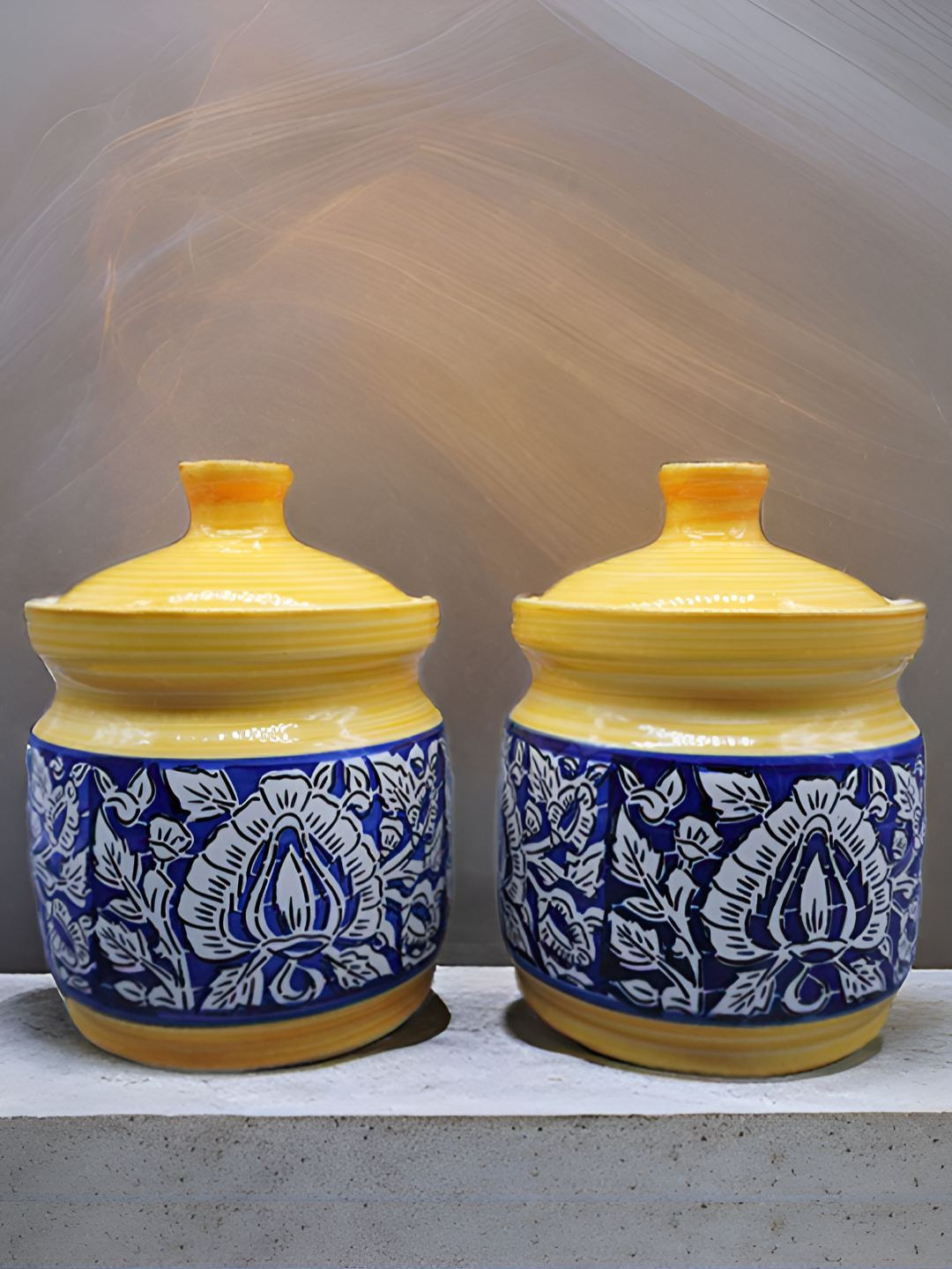 Kraftlik Handicraft 27-Pj1-Npm2 Yellow Floral Ceramic Easy To Clean 2 Piece Clip-On Canister-1L
