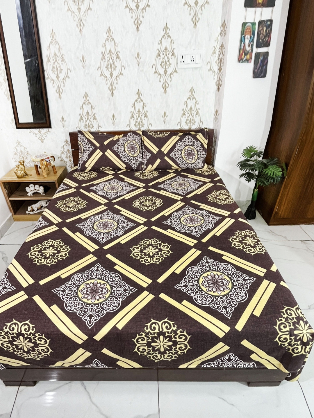 Marika Brown Floral Polycotton Breathable 180 TC King Fine Bedsheet with 2 Pillow Covers-100 x 90 inches