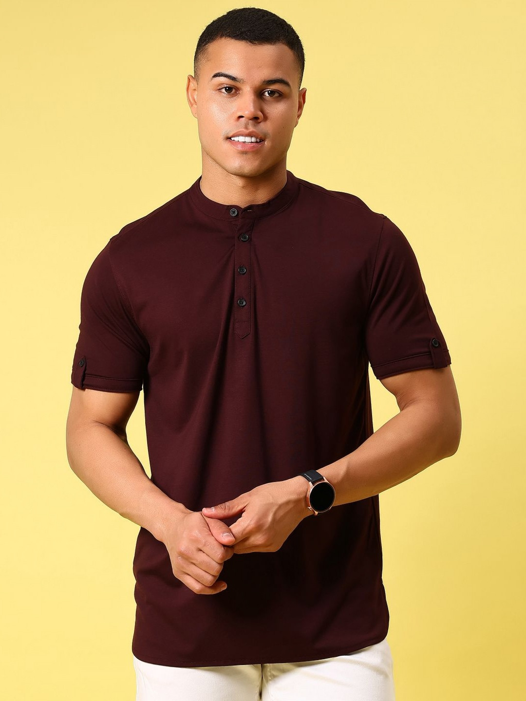 V-Mart Solid Henley Neck Raglan Sleeves Cotton Regular Fit T-shirt