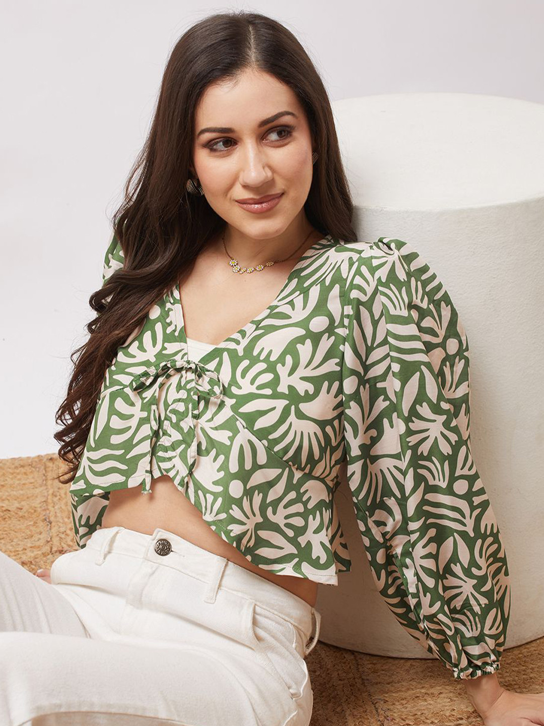 Globus V-Neck Bishop Sleeves Abstract Print Tie-Up Detail Wrap Top