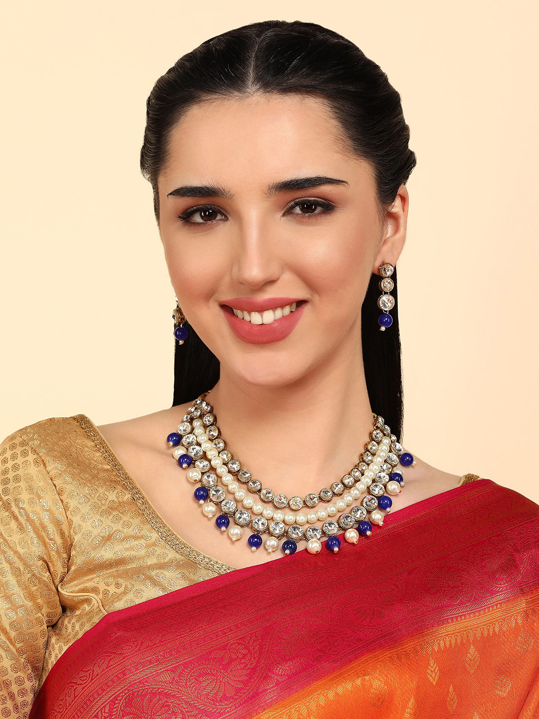 JN HANDICRAFT Copper-Plated Kundan Studded & Beaded Jewellery Set