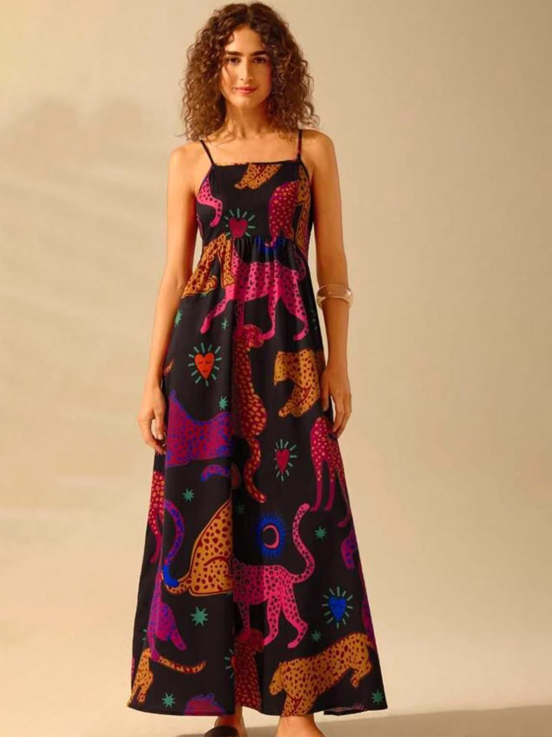 bebe Black Multi-Color Animal Print Spaghetti Strap Maxi Dress