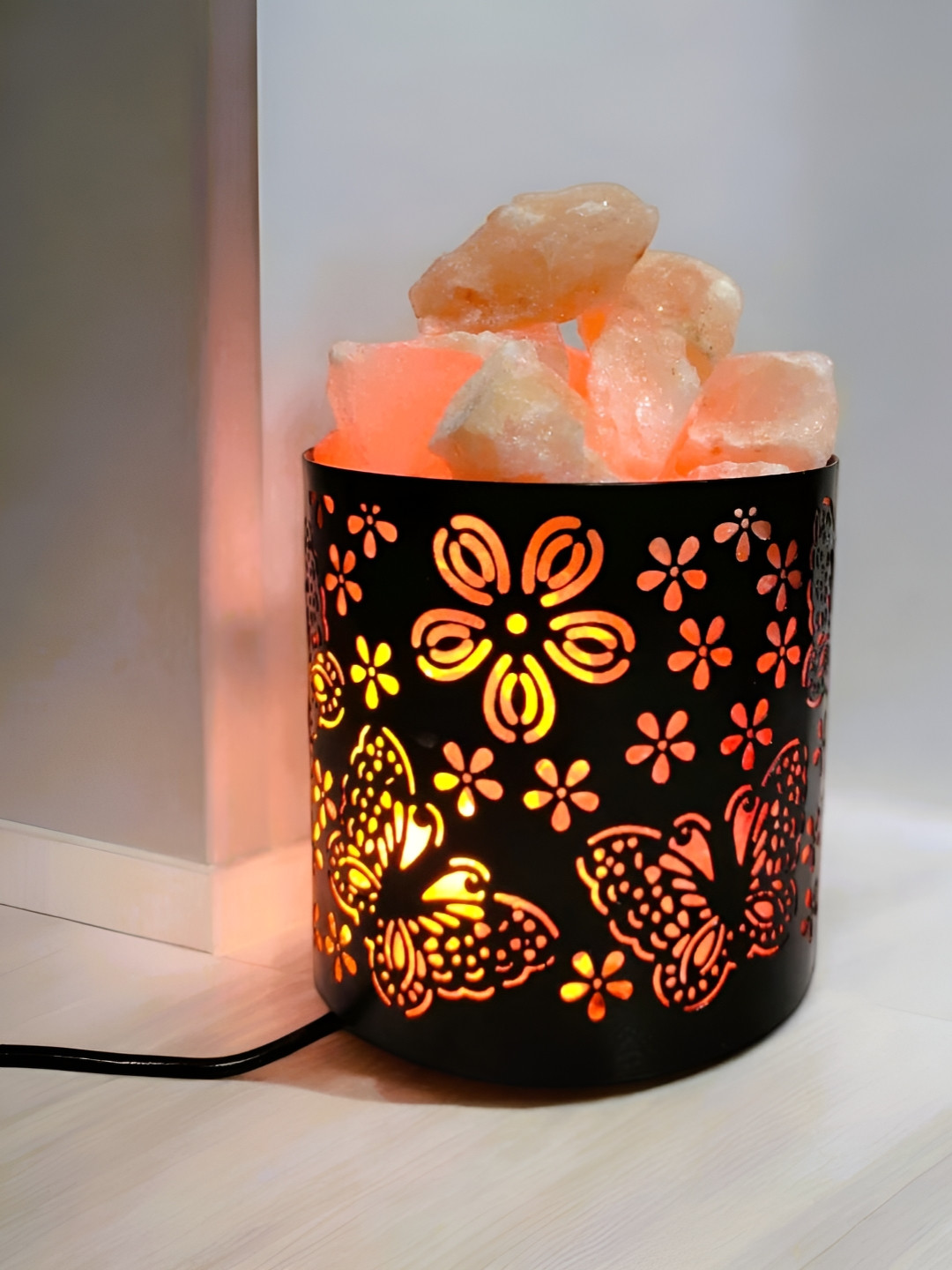 GLOBAL AROMA Black Textured Butterfly Cylindrical Shaped Table Lamp