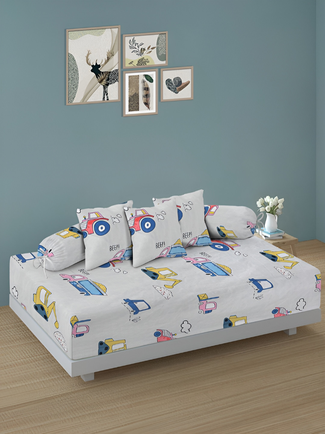 Arrabi 6Pcs Off-White & Yellow Cartoon-Printed Skin-Friendly Superfine Quality Diwan Set