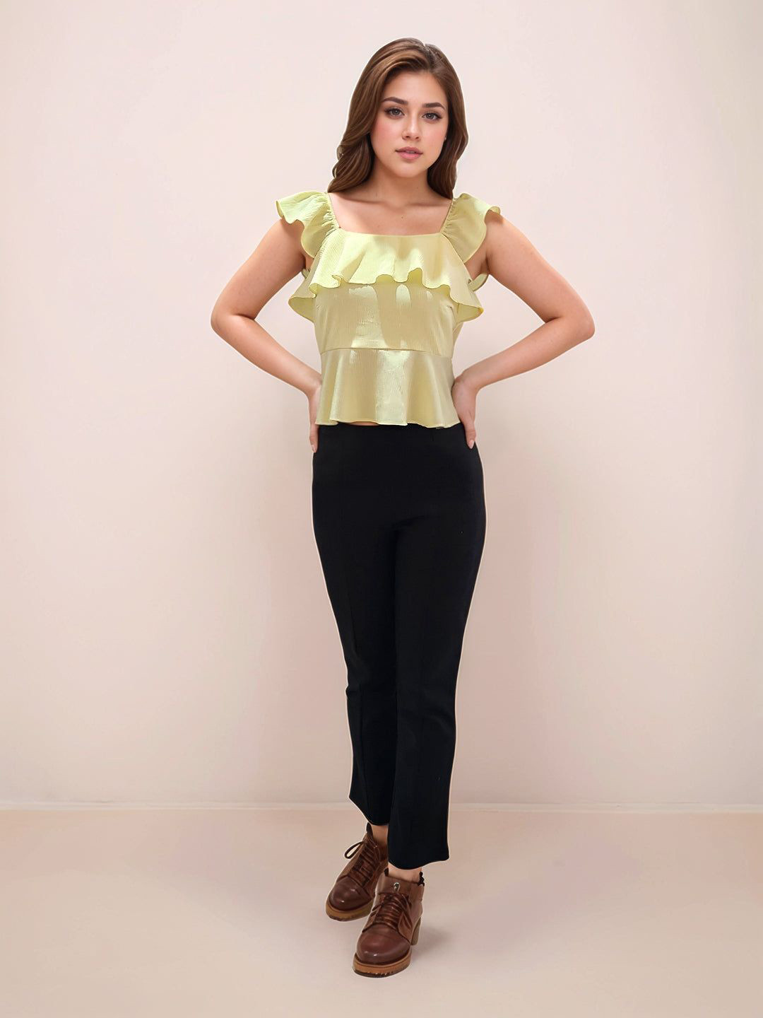 Zink London Women Yellow Textured Square Neck Shoulder Straps V-Blouses & Tops