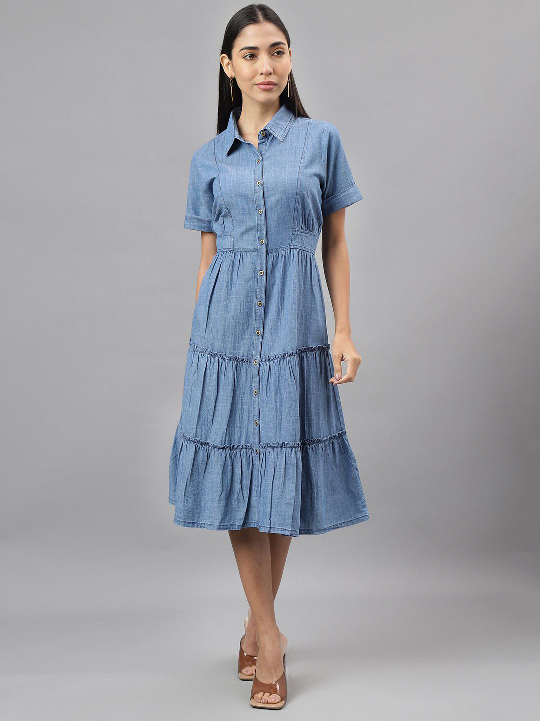 Latin QuartersWomen Solid Shirt Collar Fit & Flare Midi Dress
