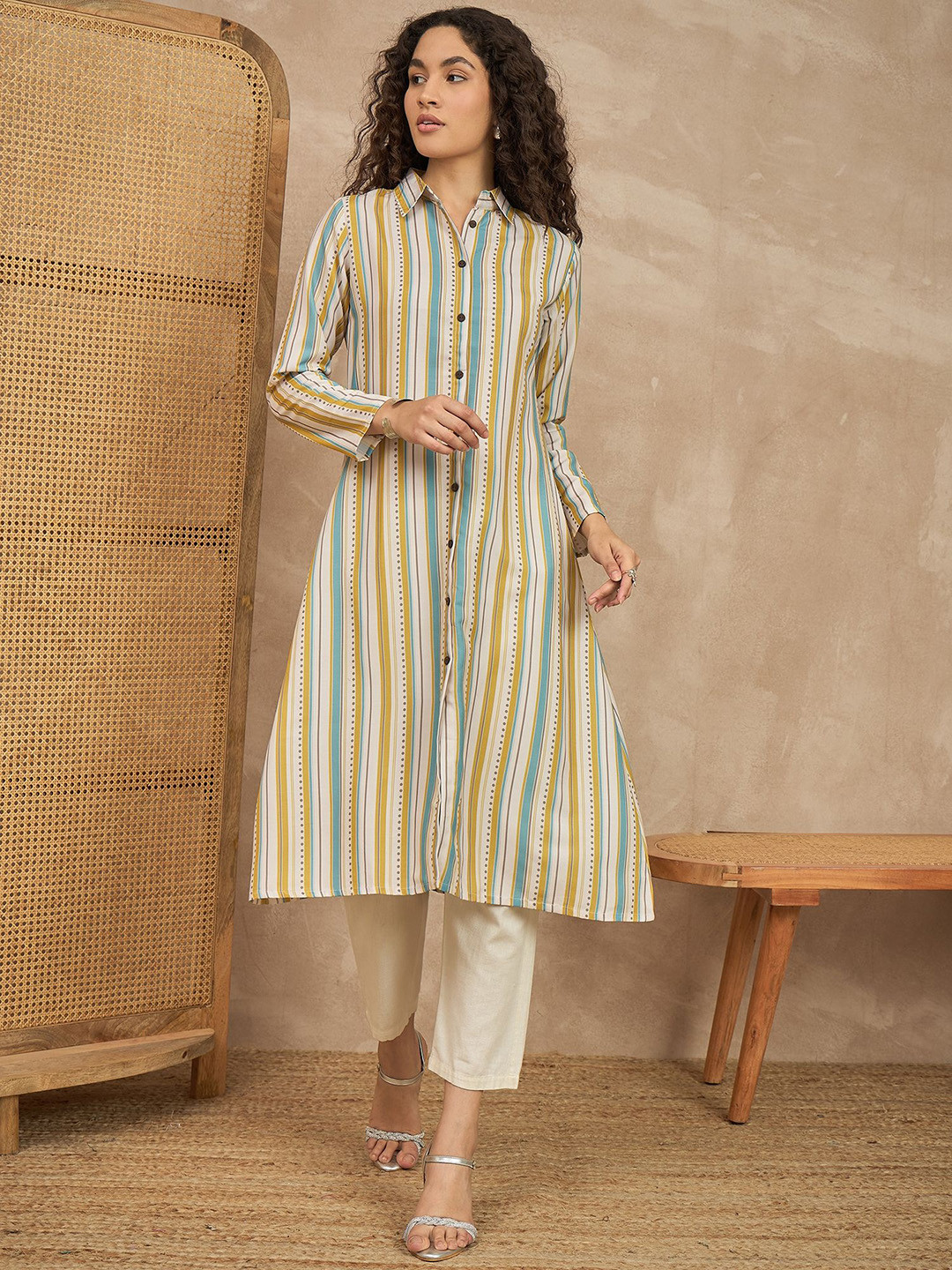 Sangria Striped Shirt Collar A line Kurta