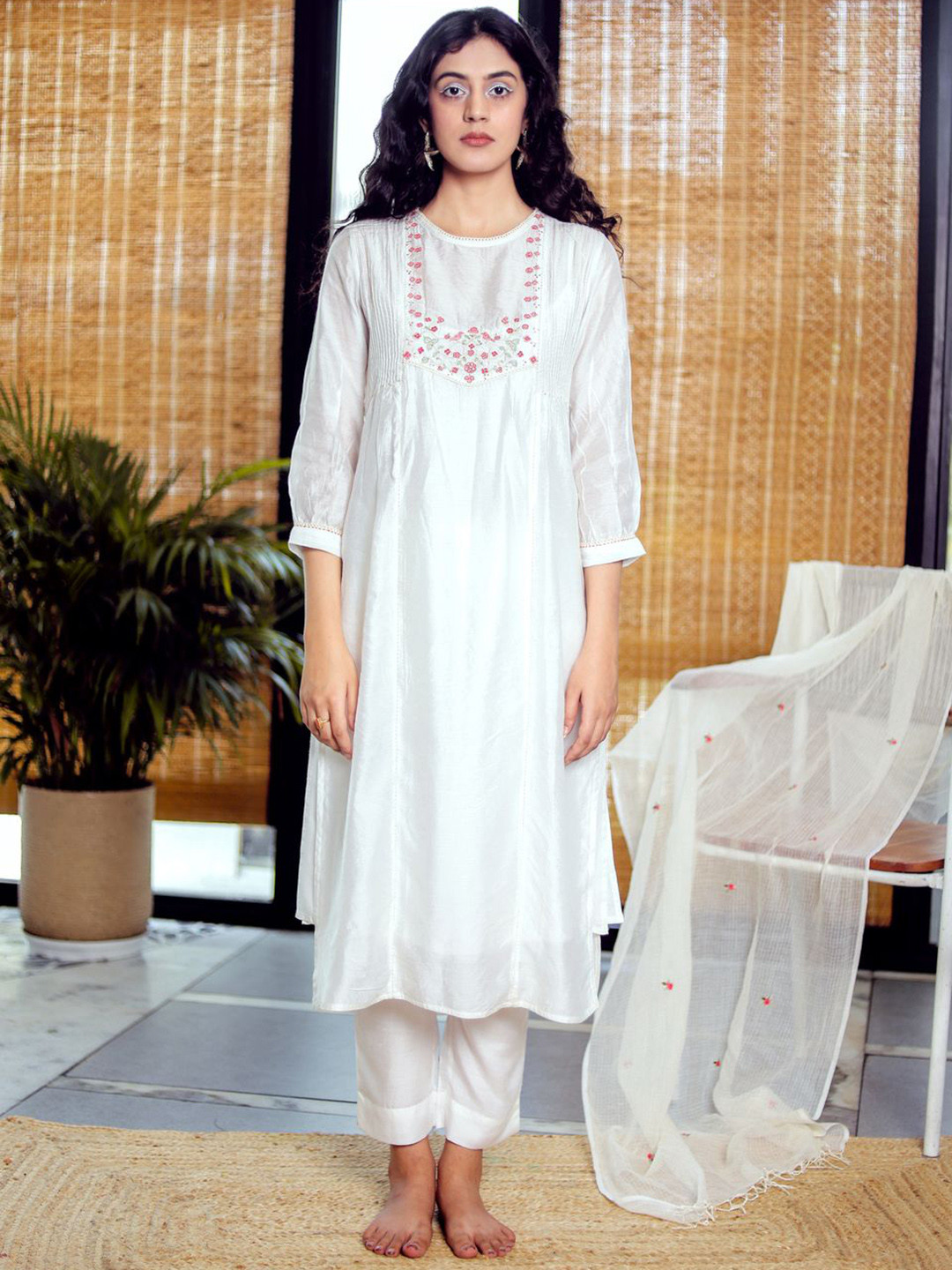 TATWA DESIGNS Women Love Birds Floral Embroidered Chanderi Silk Kurti with Trousers