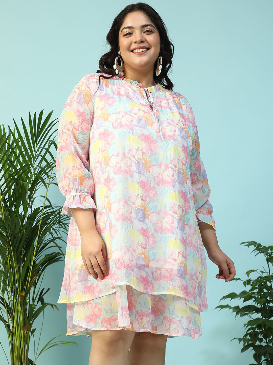 Oxolloxo Plus Size Floral Print Tie-Up String & Smocking Detail Knee Length Dress