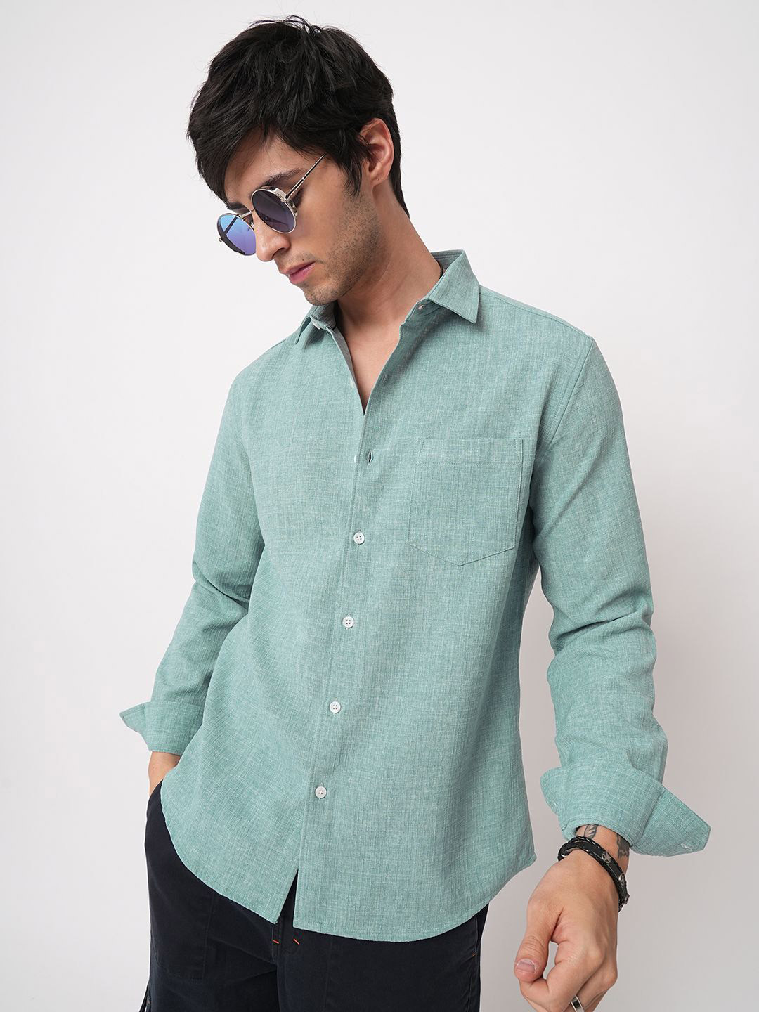 VASTRADO Men Classic Slim Fit Green Slub Textured Shirt