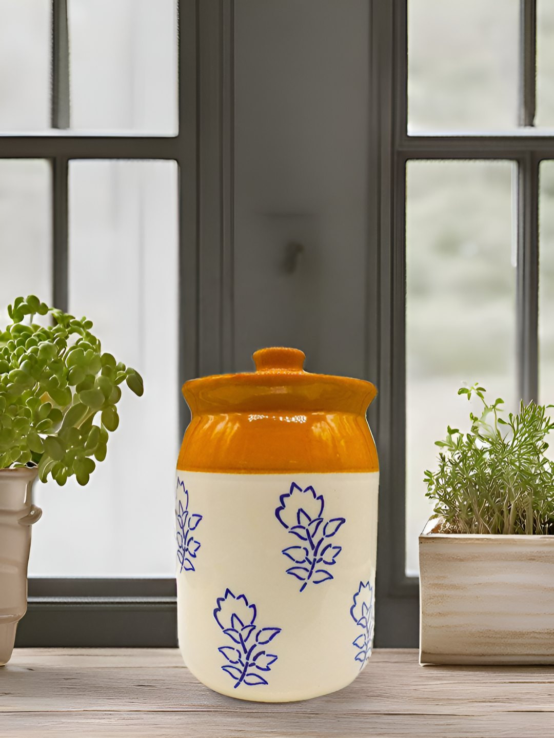 Kraftlik Handicraft 30-Pj-Lwph-10 Mustard Floral Ceramic Easy To Clean Clip-On Jar-1L