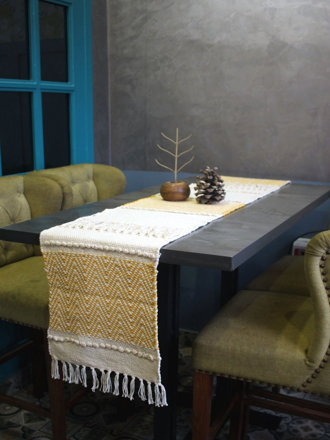 INDIAN HOME FAB Yellow & Beige Textured 6 Seater Rectangular Table Runner