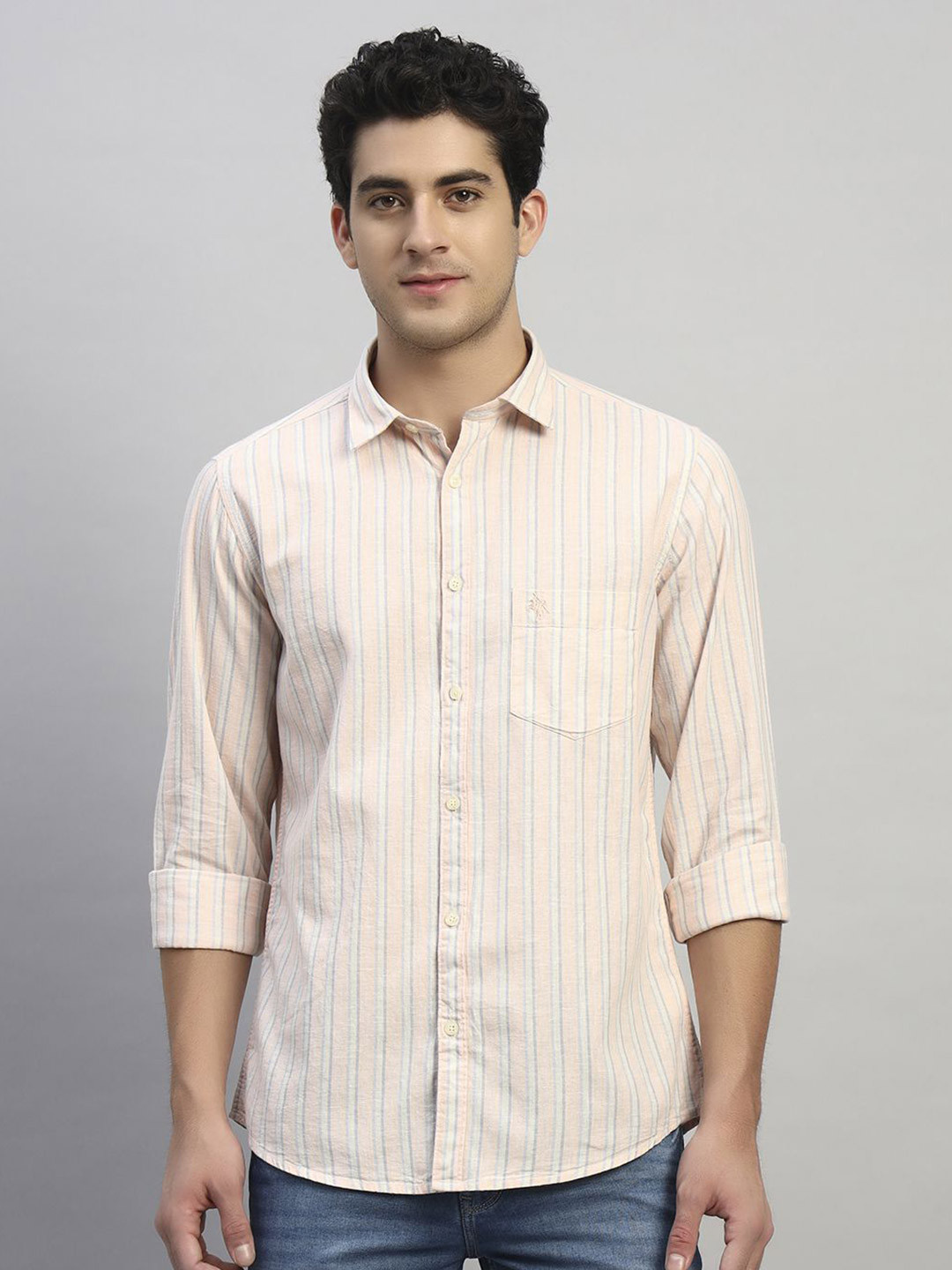 Cantabil Striped Printed Full Sleeves Linen Casual Shirt