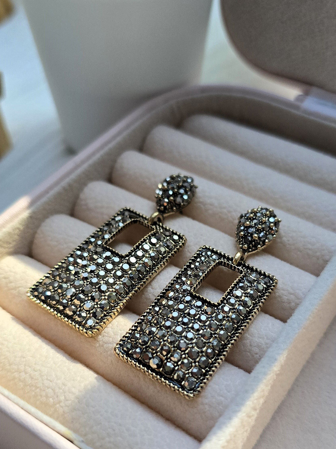 DKane Designs Rhodium-Plated Artificial Stones Studded Rectangle Shaped Drop Earrings