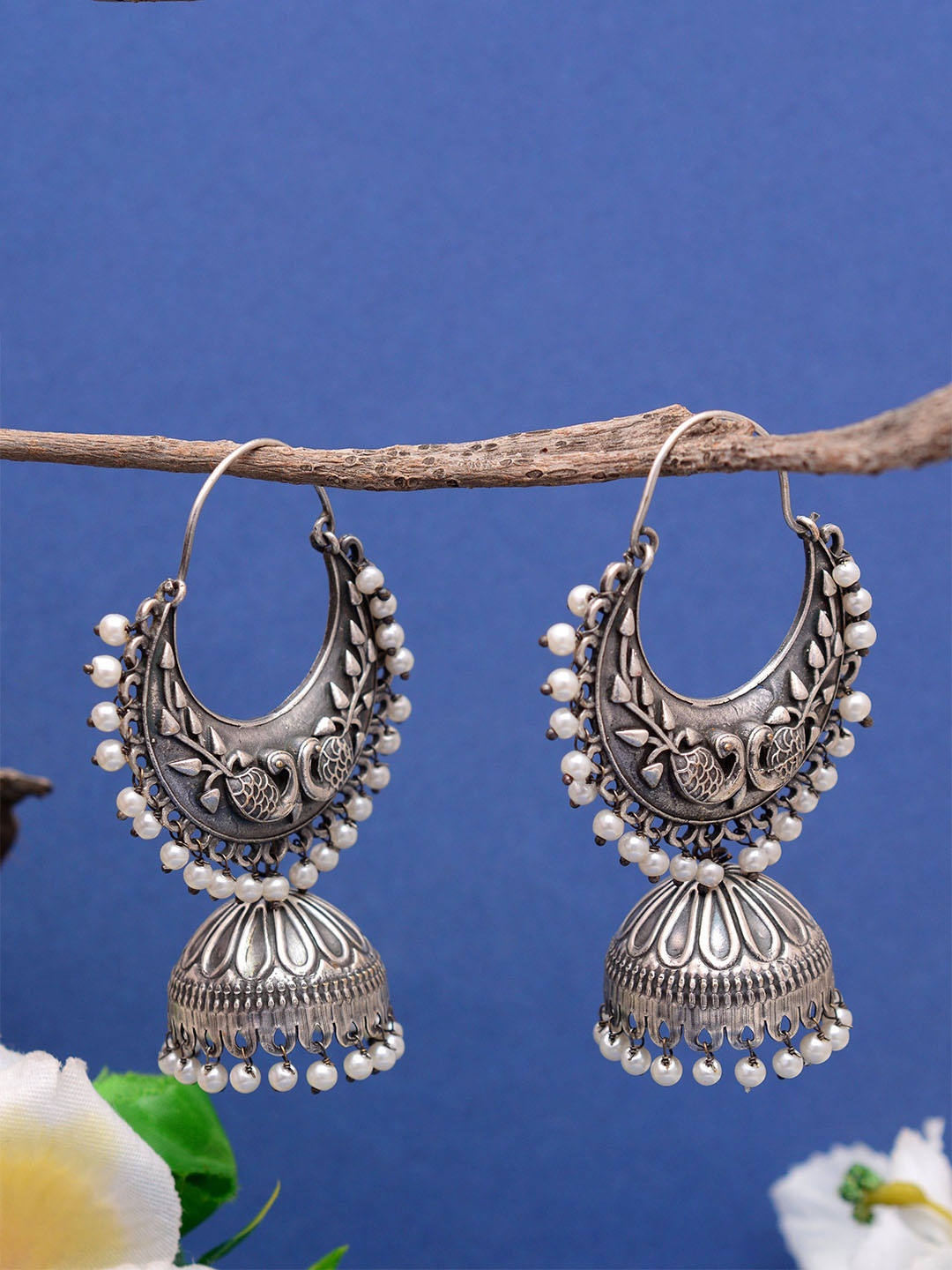 Tanusha Jewels Silver-Plated Pearls Beaded Oxidised Dome Jhumkas