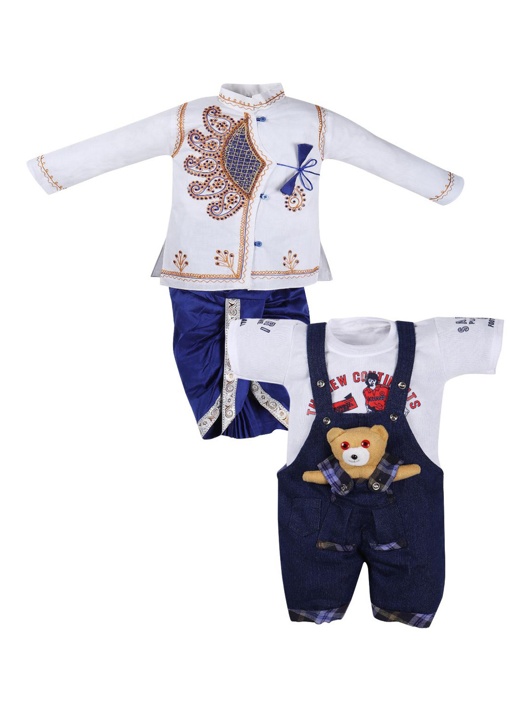 Amacart Unisex Kids Ethnic Motifs Thread Work Kurta with Dhoti Pant And Dungaree Set