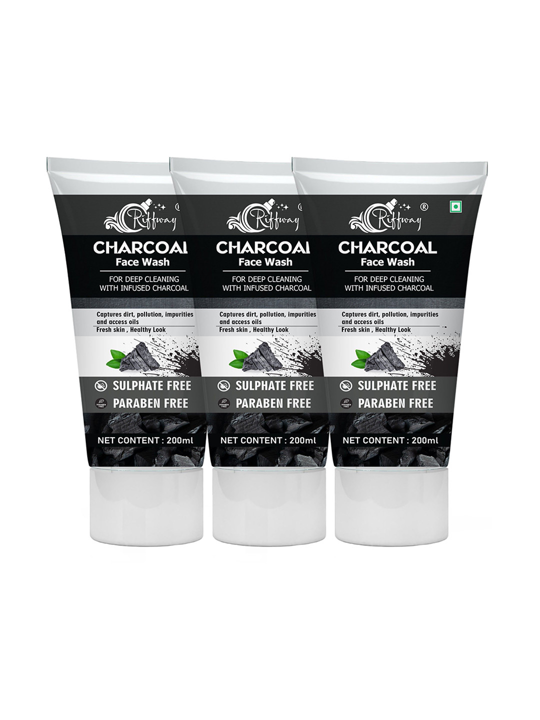 riffway Set Of 3 Charcoal Face Wash For Oil Control & Acne Defense - 200 ml Each