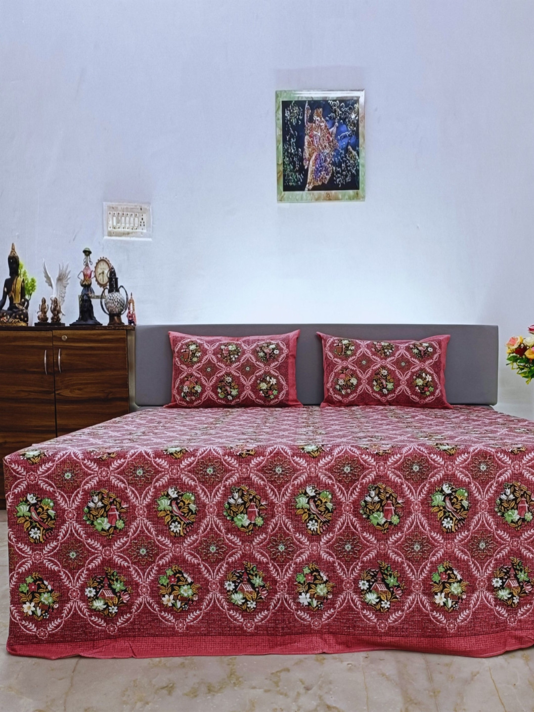 Marika Pink Floral Cotton Breathable 250 TC King Fine Bedsheet with 2 Pillow Covers-274 x 236 cm