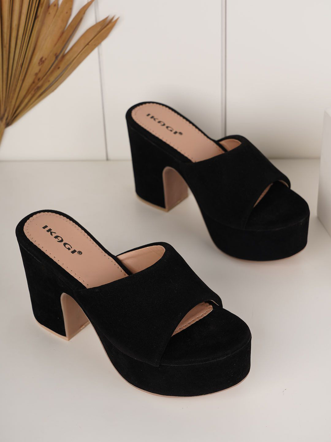 IKAGI Open Back Western Embellished Velvet Block Heel Sandals