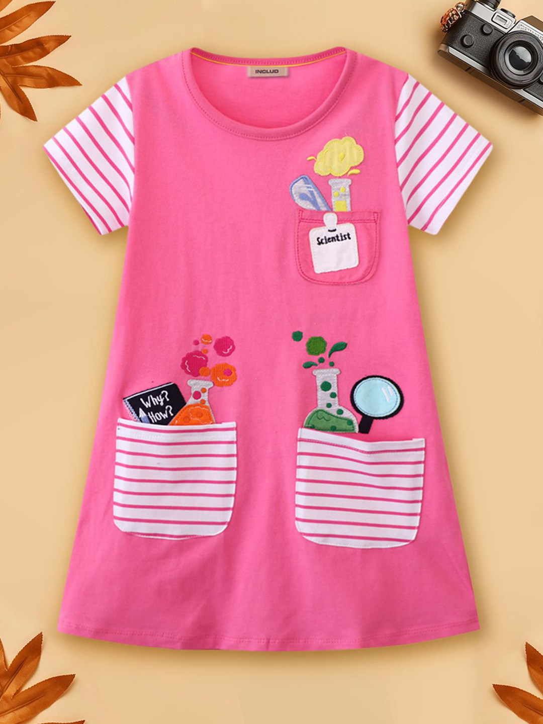 INCLUD Girls Pink Double Pocket Applique Embroidered A-Line Dress