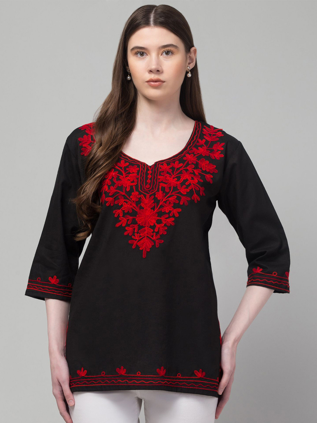 CROWN KING Floral Embroidered Pure Cotton Kurti