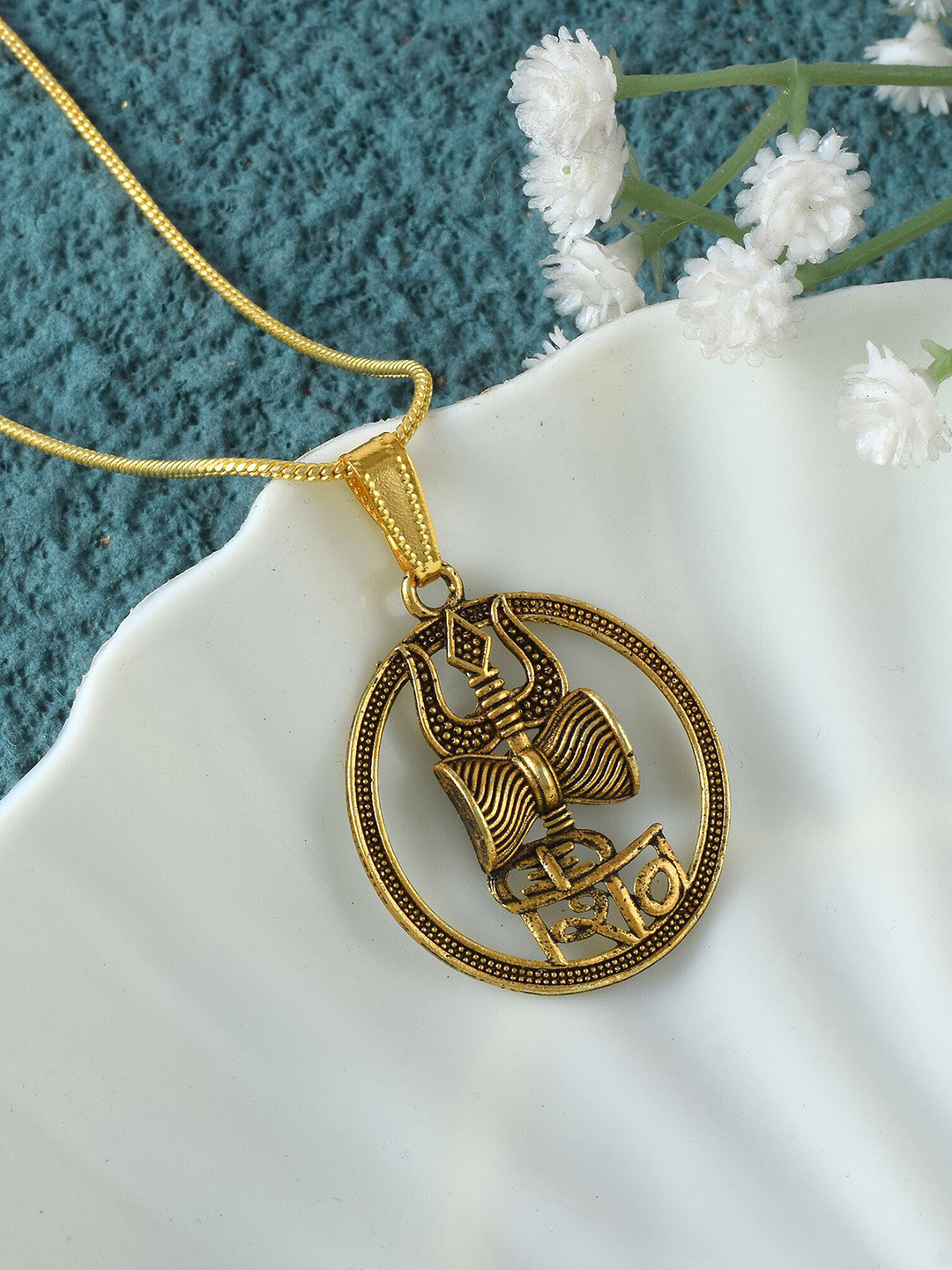 ADMIER Unisex Gold-Plated Trishul Damru Rudra Mahadev Shiva Circular Pendant & Chain