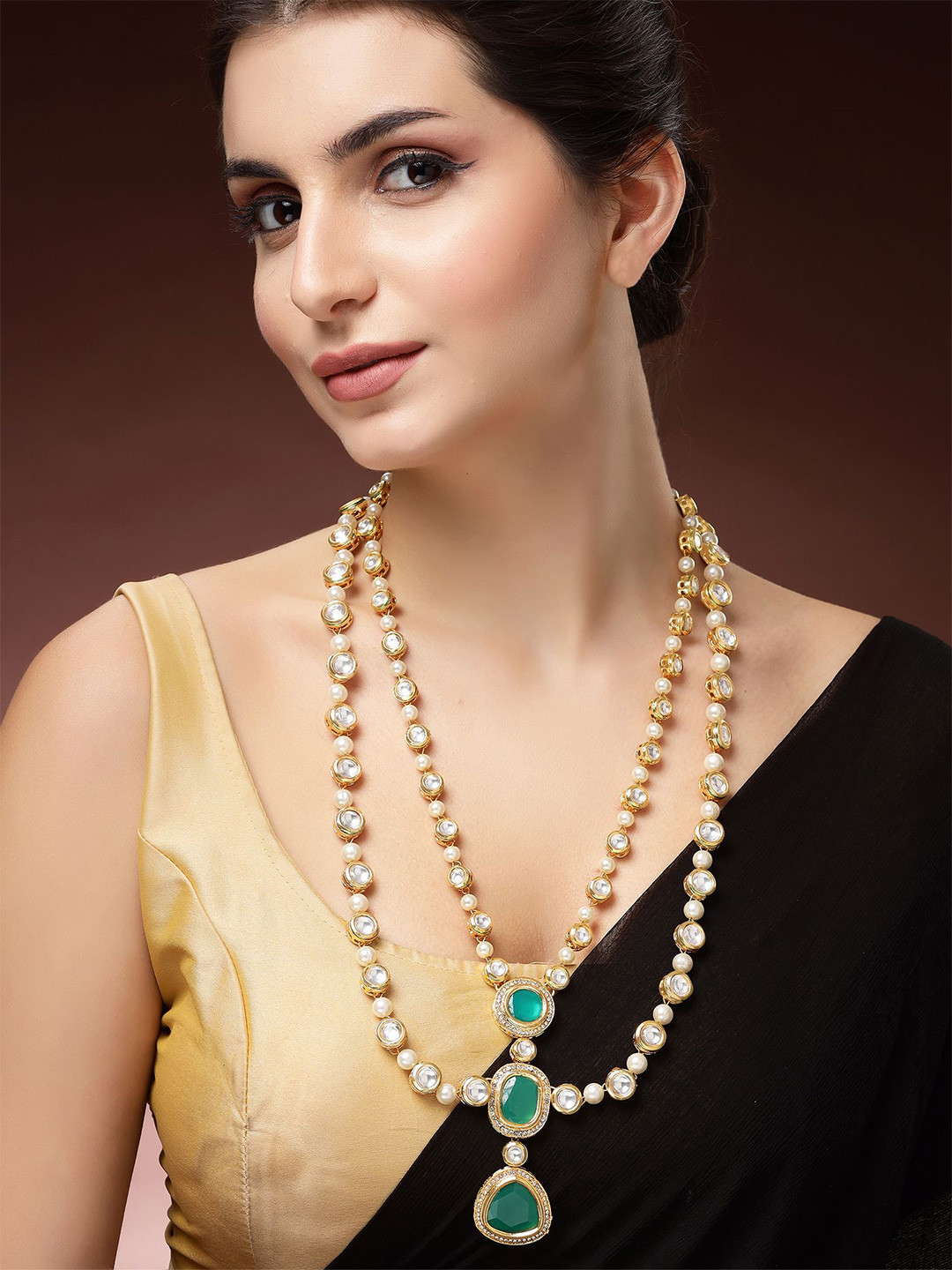 KARATCART Gold-Plated Kundan and Pearl Beaded Layered Necklace
