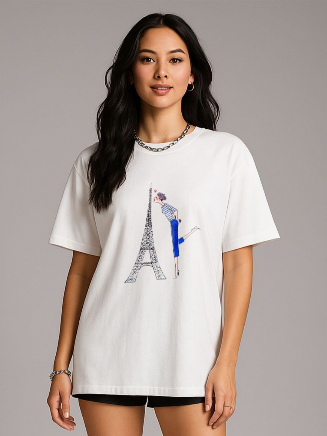 GRACE & JACK Eiffel Kiss 3D Graphic Printed Diamond Embellishments Cotton T-shirt