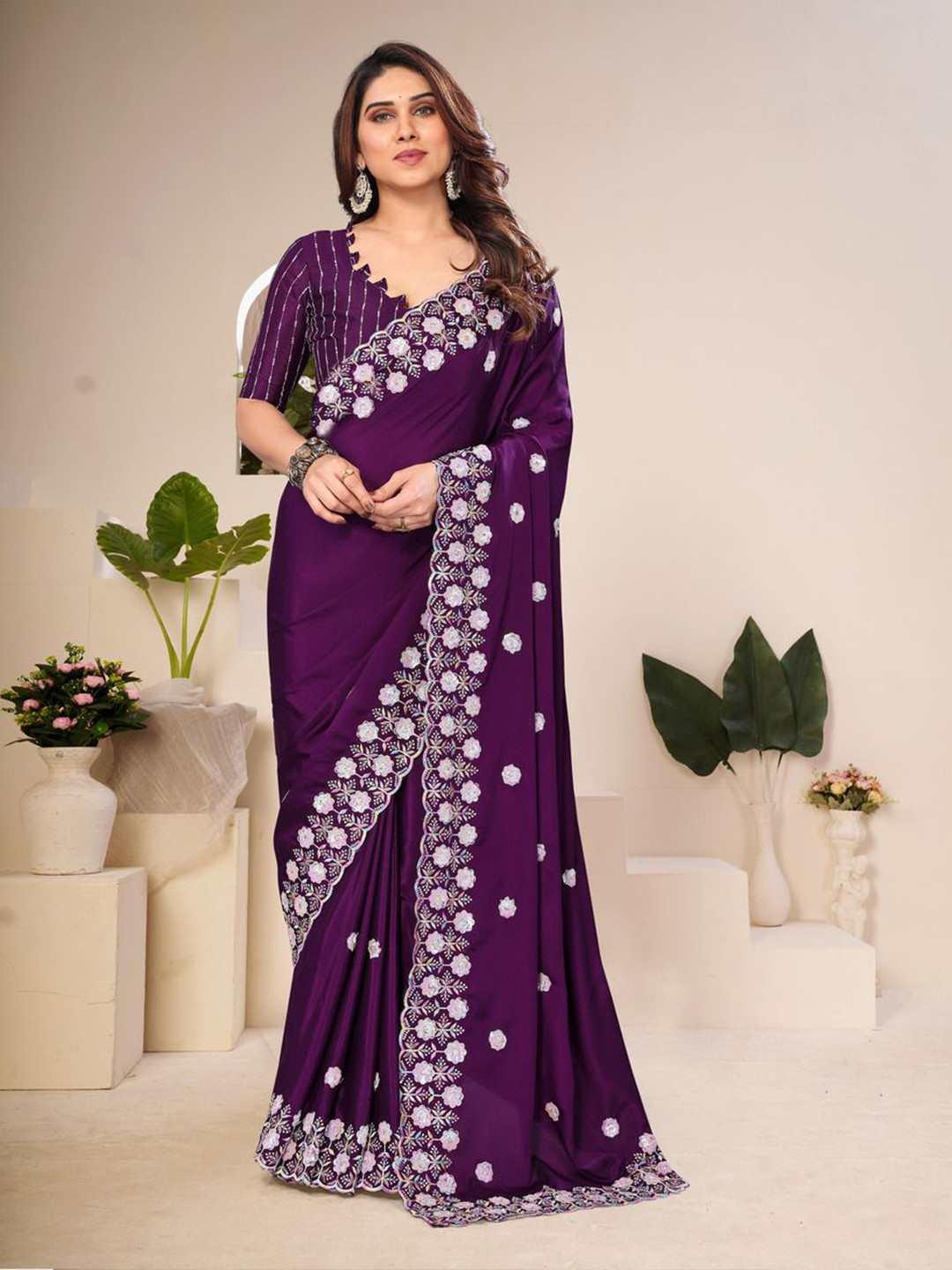 NANDKASHI CHANCHAL Floral Sequinned Embellished Pure Chiffon Saree