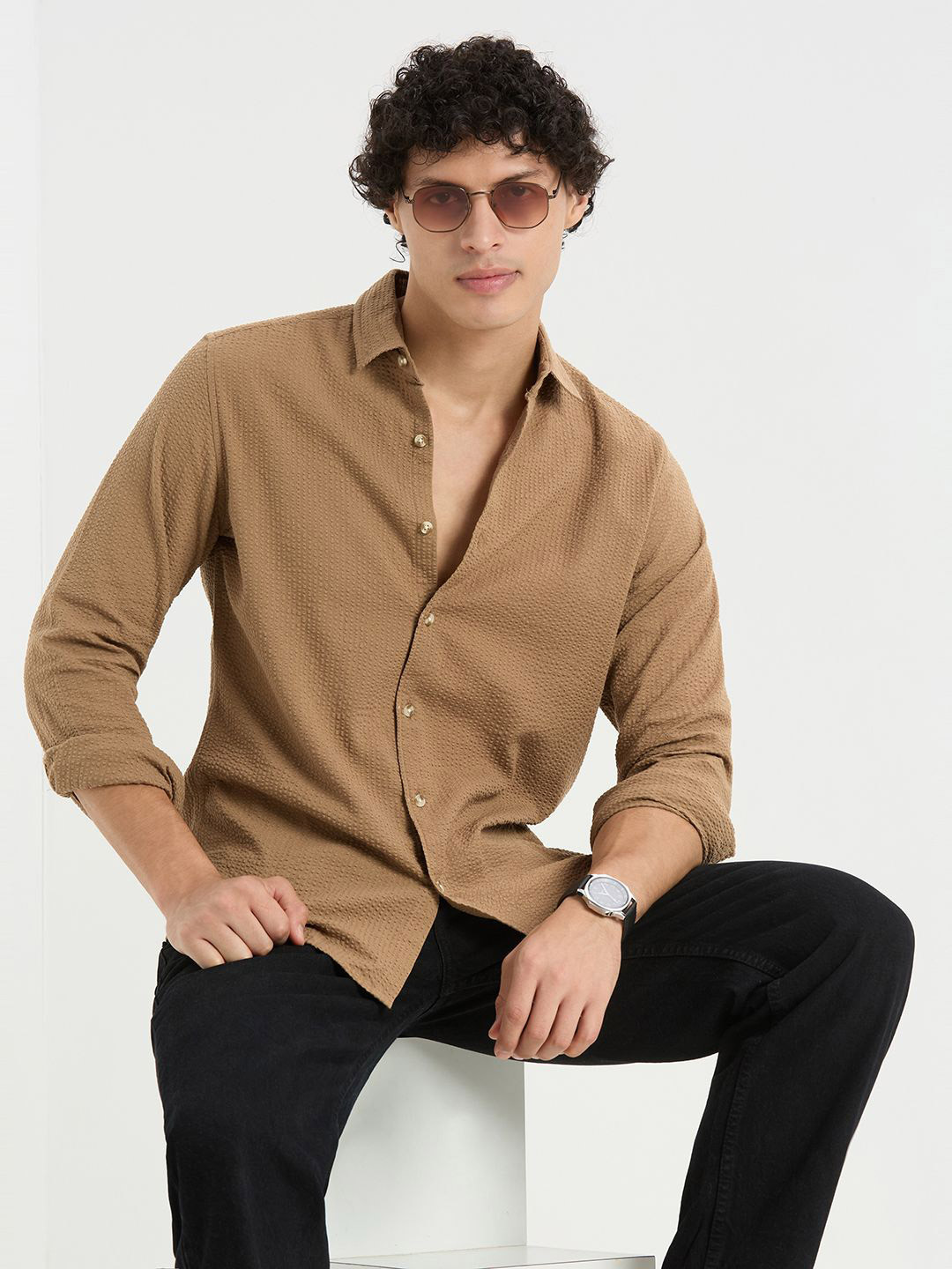 VASTRADO Men Self Design Spread Coller Slim Fit Casual Shirt